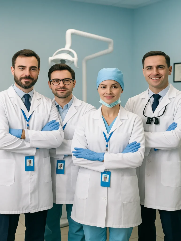 چهار دندانپزشک حرفه‌ای در کلینیک مدرن، نماینده دندانپزشک خوب
